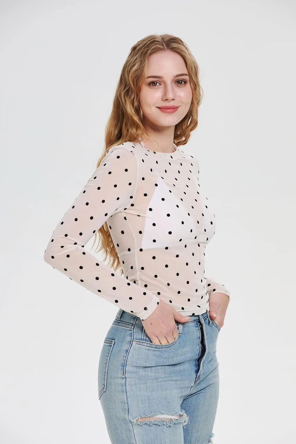 Women's Polka Dots Sheer Mesh Long Sleeve Tops Slim Fit Crewneck See Through Going Out T Shirts