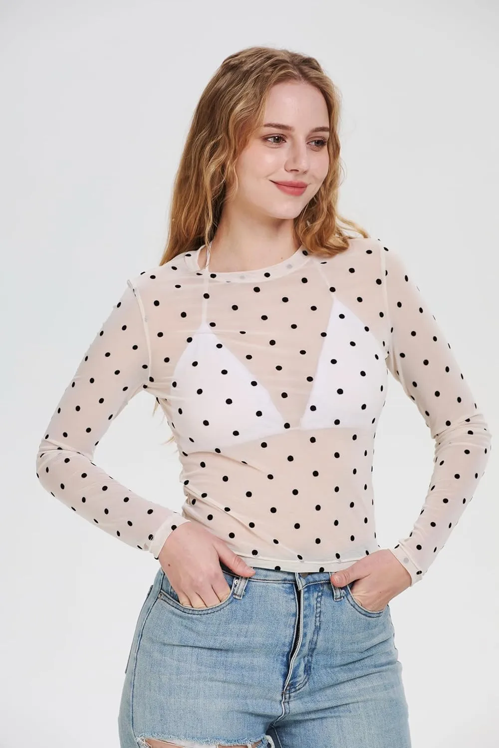 Women's Polka Dots Sheer Mesh Long Sleeve Tops Slim Fit Crewneck See Through Going Out T Shirts