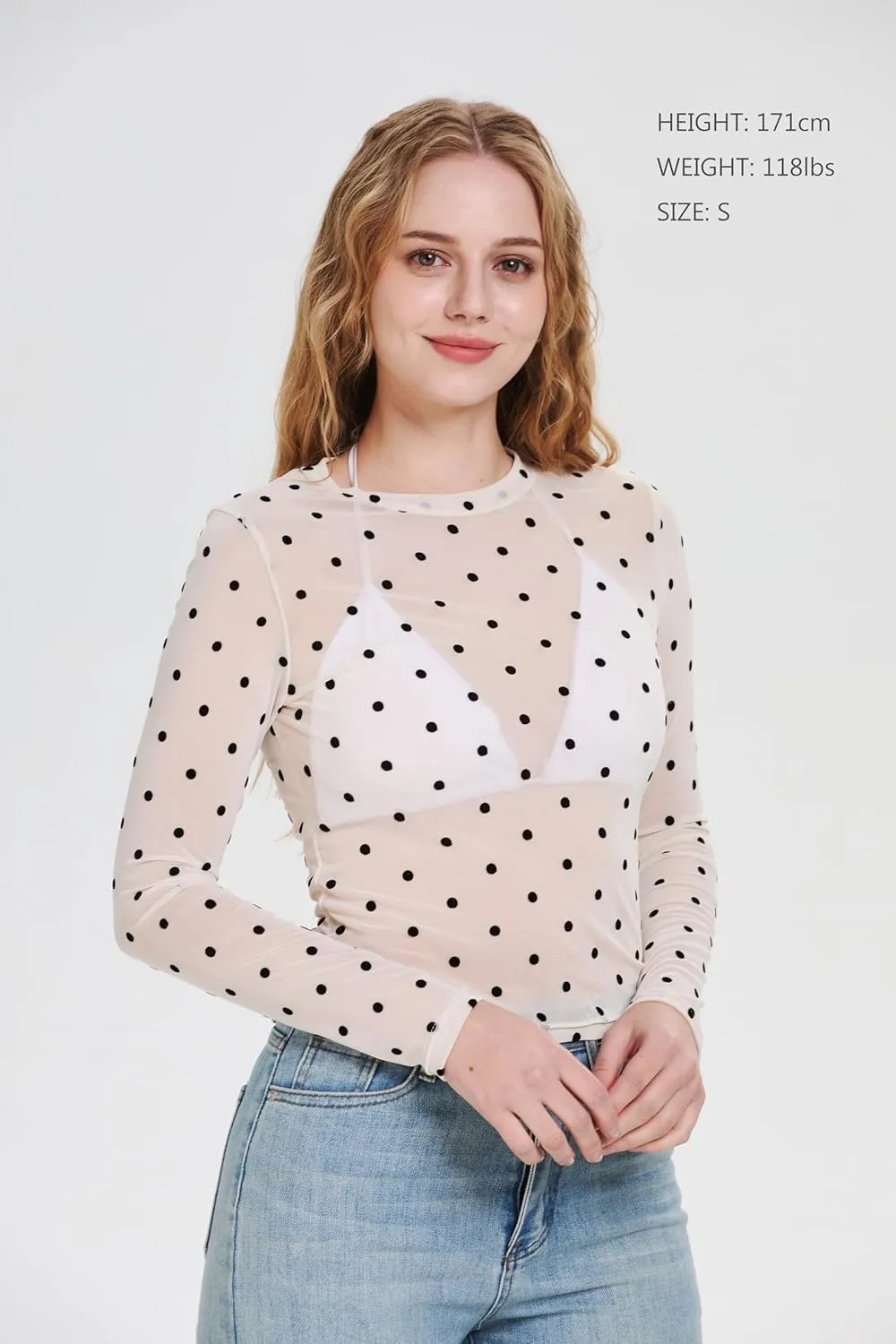 Women's Polka Dots Sheer Mesh Long Sleeve Tops Slim Fit Crewneck See Through Going Out T Shirts