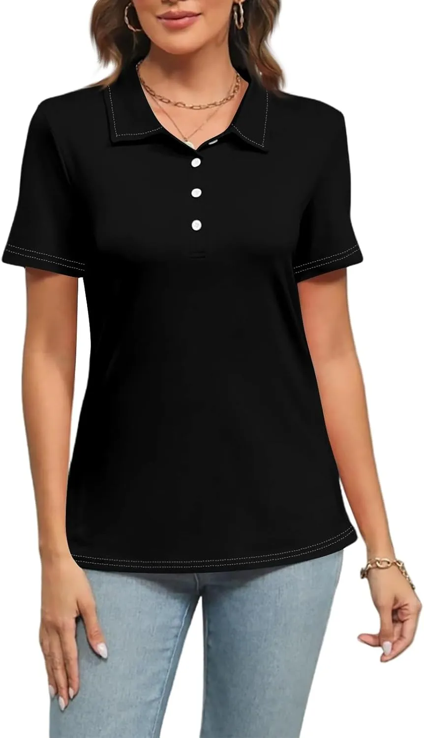 Women's Polo Shirts Short Sleeve Button Down Collared V Neck Work Tops Business Dressy Casual Golf Blouse T-Shirts