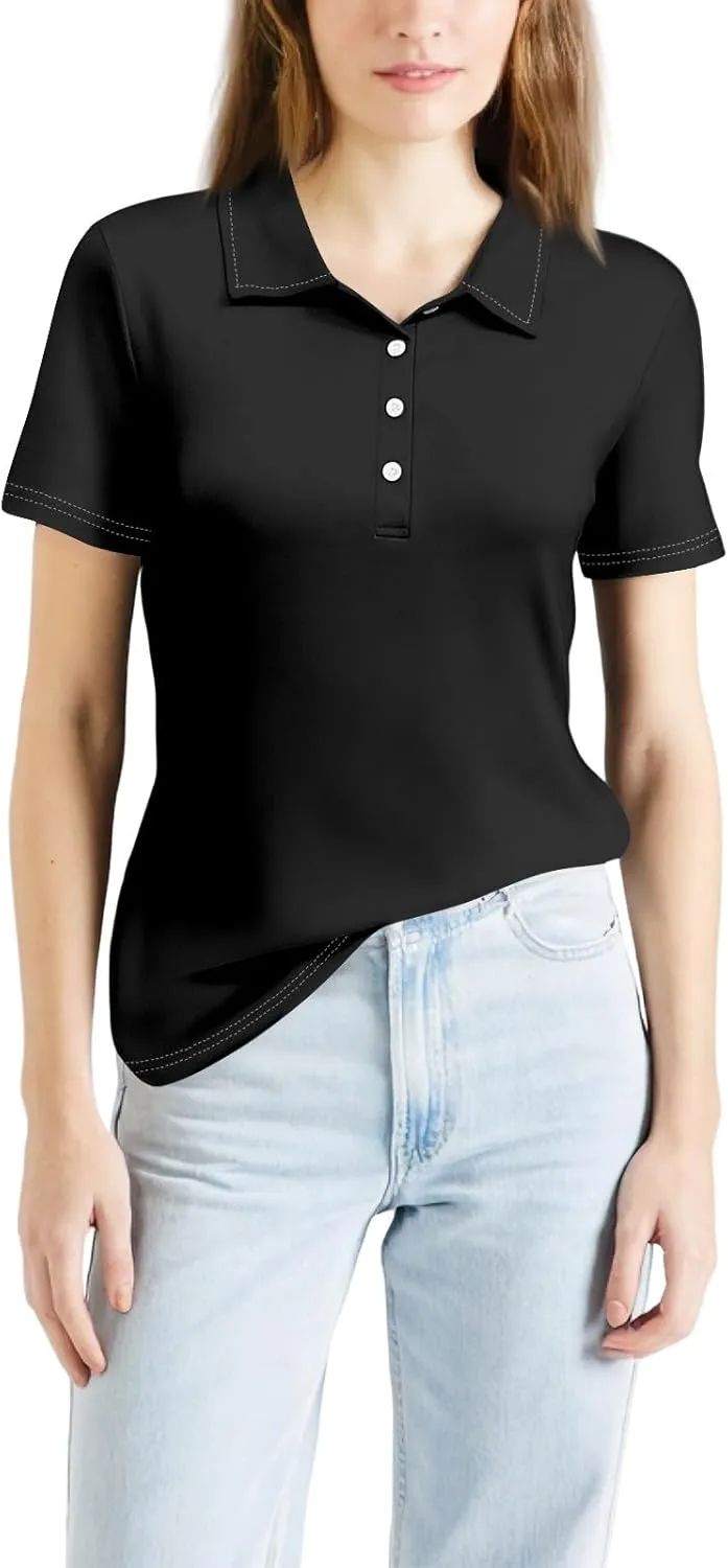 Women's Polo Shirts Short Sleeve Button Down Collared V Neck Work Tops Business Dressy Casual Golf Blouse T-Shirts