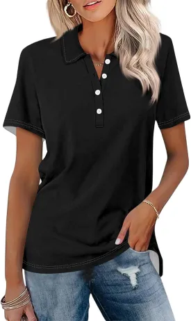 Women's Polo Shirts Short Sleeve Button Down Collared V Neck Work Tops Business Dressy Casual Golf Blouse T-Shirts