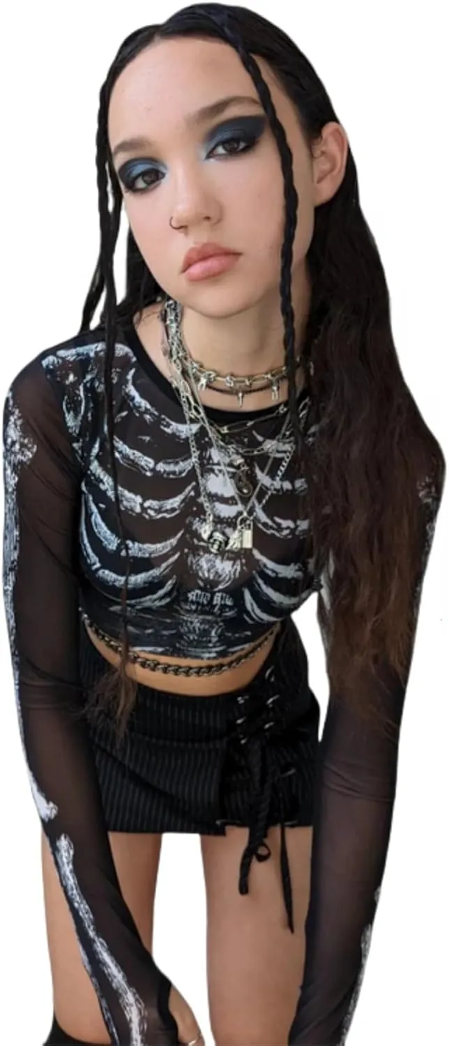 Women's Sexy Mesh See Through T Shirt Fashion Money Print Long Sleeve Crop Top Slim Tee Tops