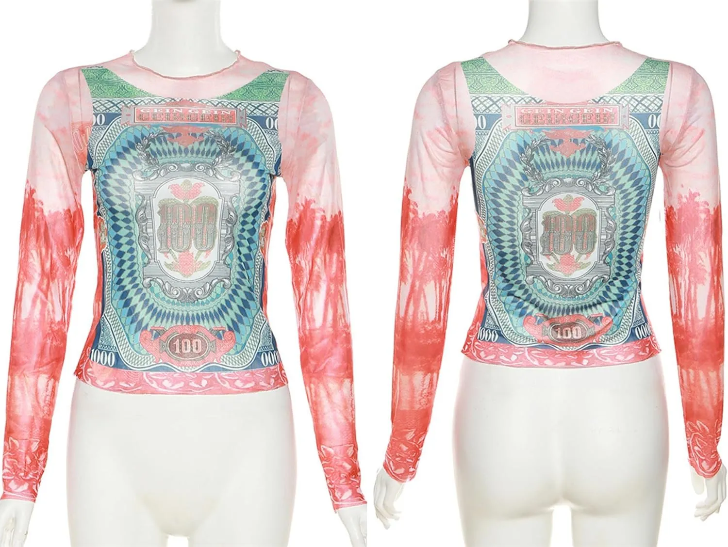 Women's Sexy Mesh See Through T Shirt Fashion Money Print Long Sleeve Crop Top Slim Tee Tops