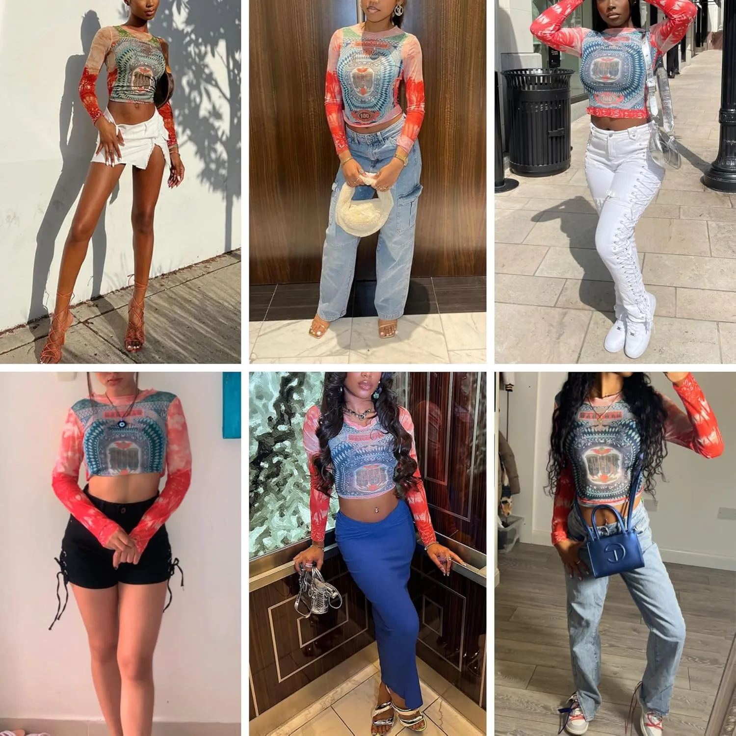 Women's Sexy Mesh See Through T Shirt Fashion Money Print Long Sleeve Crop Top Slim Tee Tops