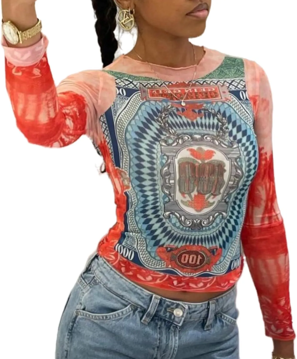 Women's Sexy Mesh See Through T Shirt Fashion Money Print Long Sleeve Crop Top Slim Tee Tops