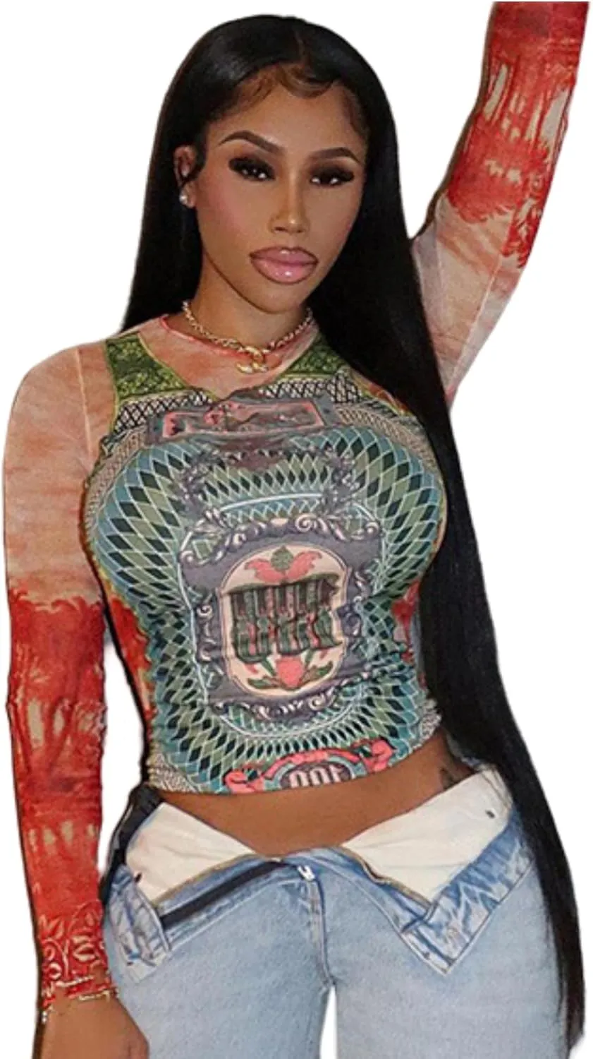 Women's Sexy Mesh See Through T Shirt Fashion Money Print Long Sleeve Crop Top Slim Tee Tops