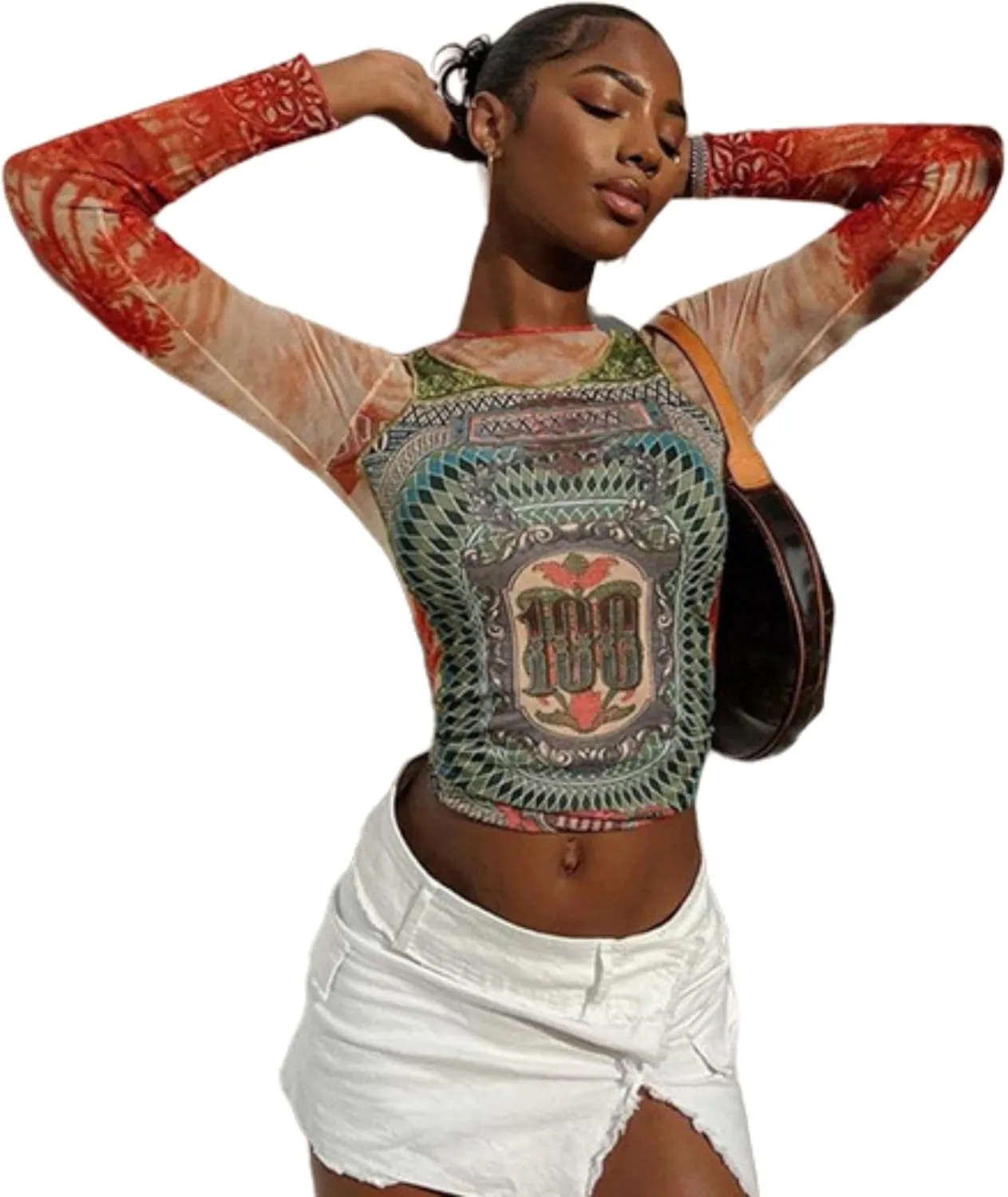 Women's Sexy Mesh See Through T Shirt Fashion Money Print Long Sleeve Crop Top Slim Tee Tops