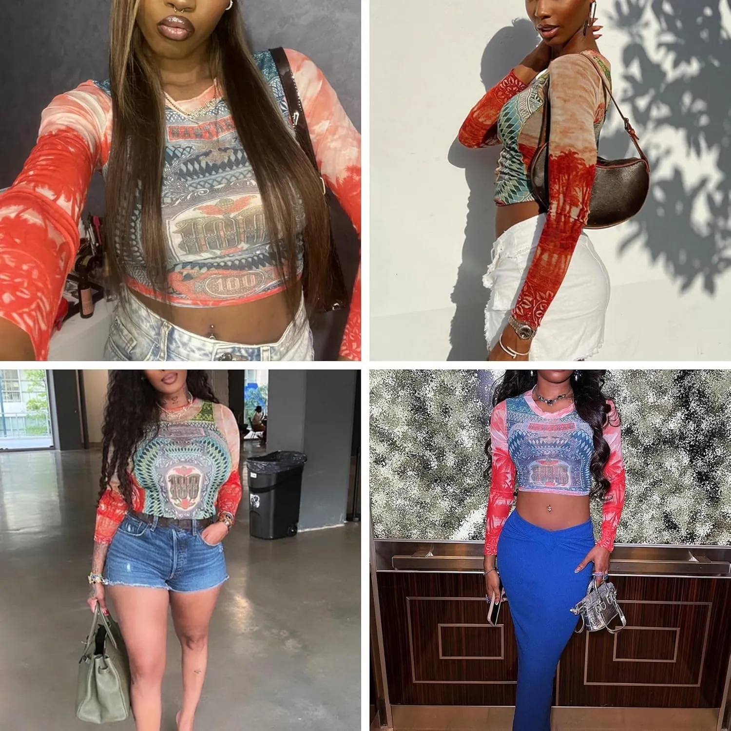 Women's Sexy Mesh See Through T Shirt Fashion Money Print Long Sleeve Crop Top Slim Tee Tops