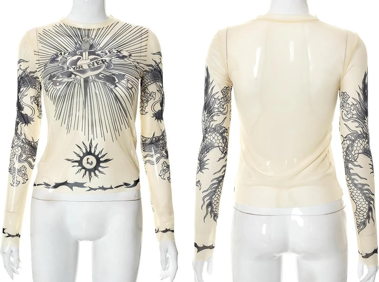Women's Sexy Mesh See Through T Shirt Fashion Money Print Long Sleeve Crop Top Slim Tee Tops