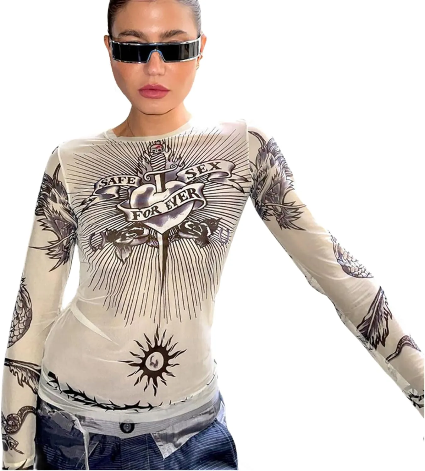 Women's Sexy Mesh See Through T Shirt Fashion Money Print Long Sleeve Crop Top Slim Tee Tops