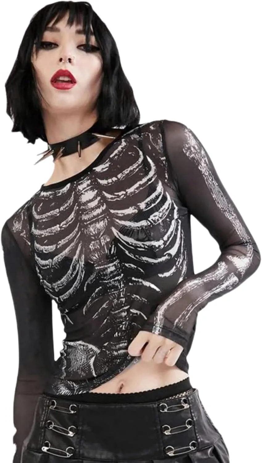 Women's Sexy Mesh See Through T Shirt Fashion Money Print Long Sleeve Crop Top Slim Tee Tops