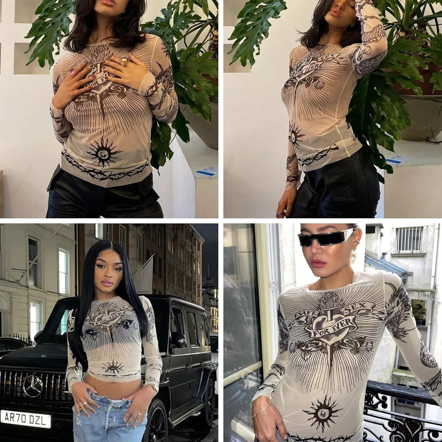 Women's Sexy Mesh See Through T Shirt Fashion Money Print Long Sleeve Crop Top Slim Tee Tops