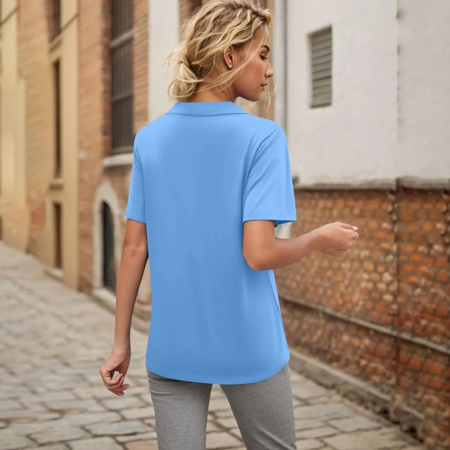 Womens Short Sleeve Polo T Shirts Pleated V Neck Collared Summer Tops Fashion Business Casual Work Blouse