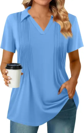 Womens Short Sleeve Polo T Shirts Pleated V Neck Collared Summer Tops Fashion Business Casual Work Blouse
