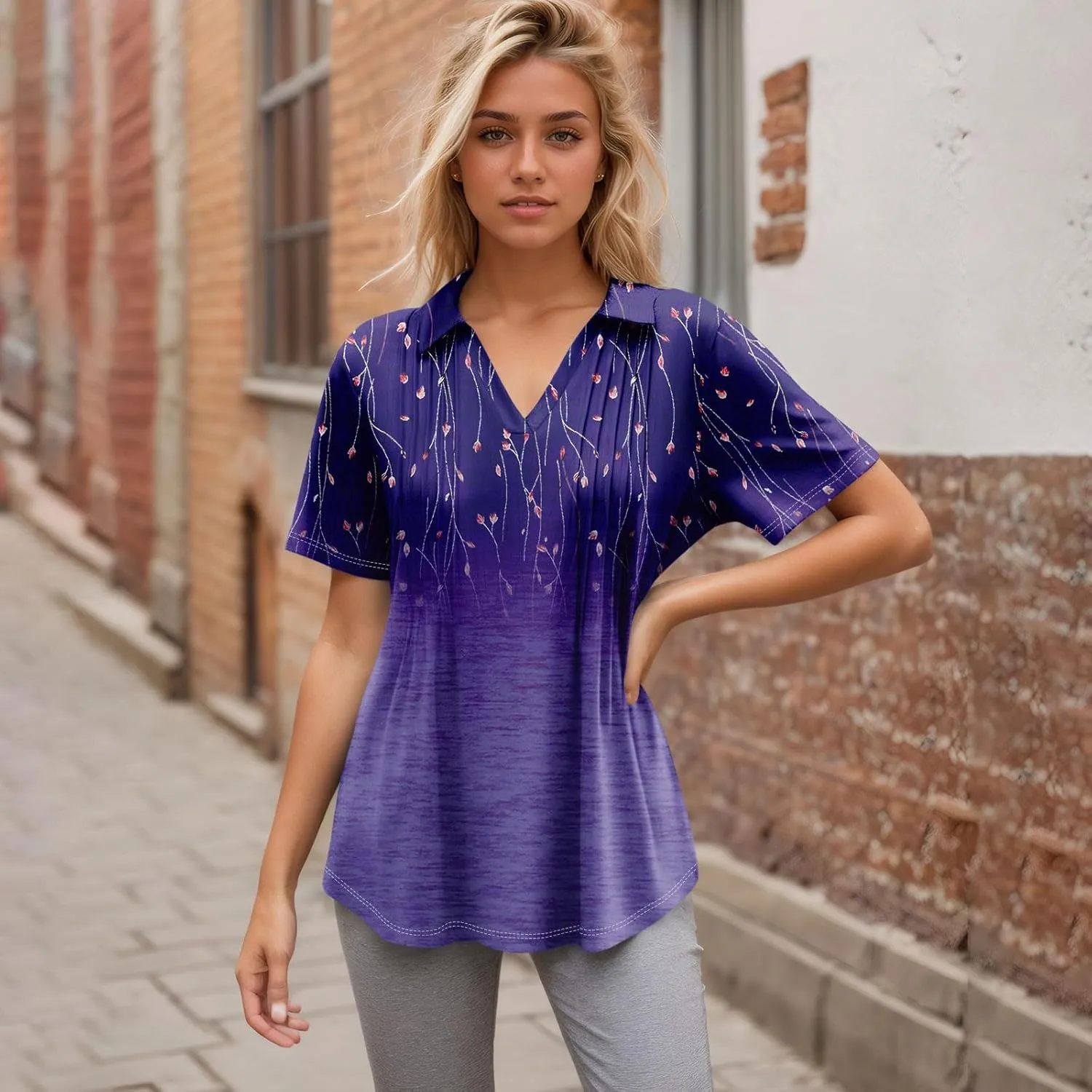 Womens Short Sleeve Polo T Shirts Pleated V Neck Collared Summer Tops Fashion Business Casual Work Blouse