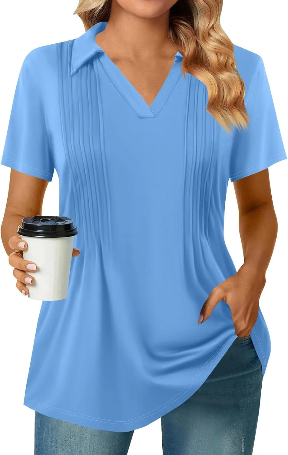 Womens Short Sleeve Polo T Shirts Pleated V Neck Collared Summer Tops Fashion Business Casual Work Blouse