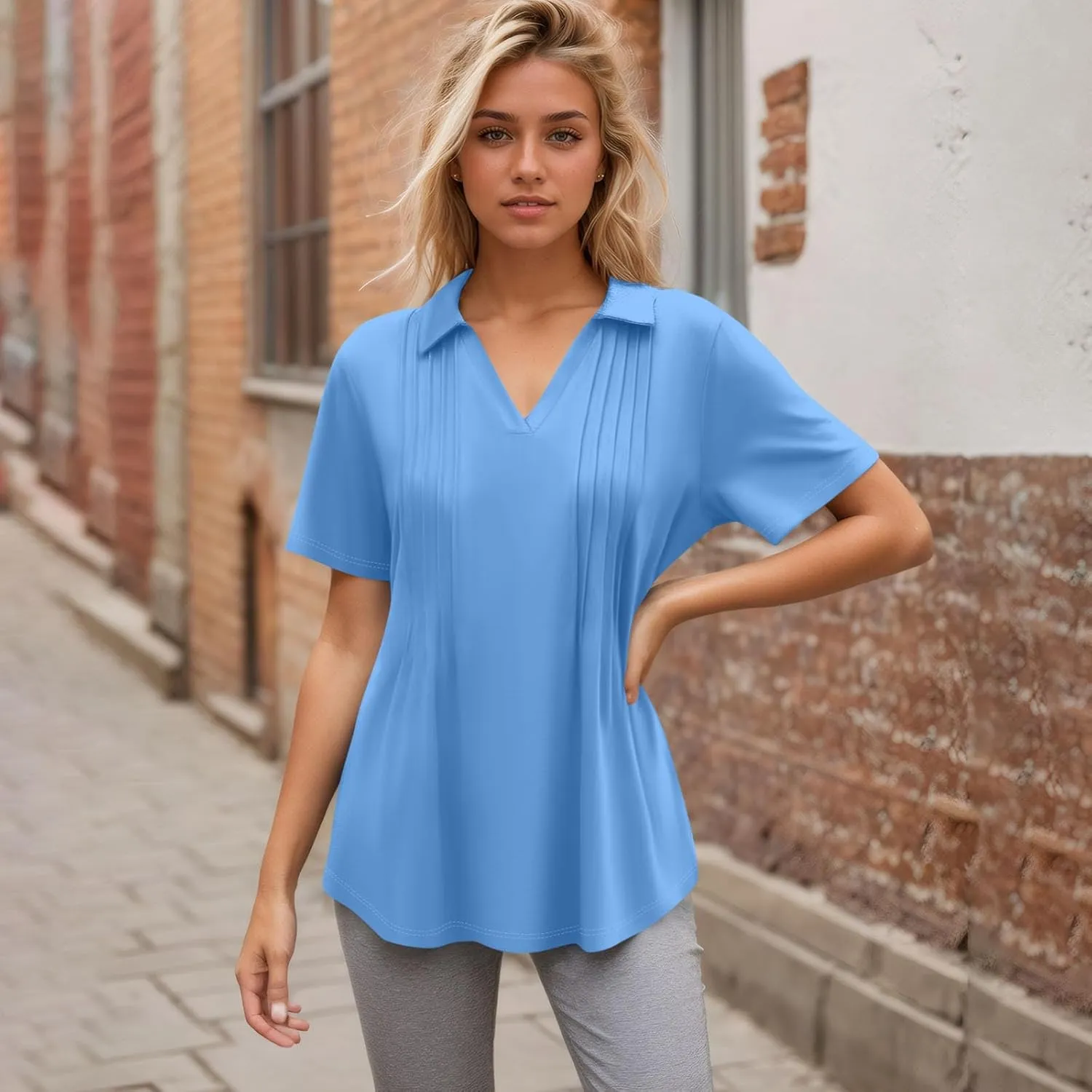 Womens Short Sleeve Polo T Shirts Pleated V Neck Collared Summer Tops Fashion Business Casual Work Blouse