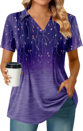 Womens Short Sleeve Polo T Shirts Pleated V Neck Collared Summer Tops Fashion Business Casual Work Blouse