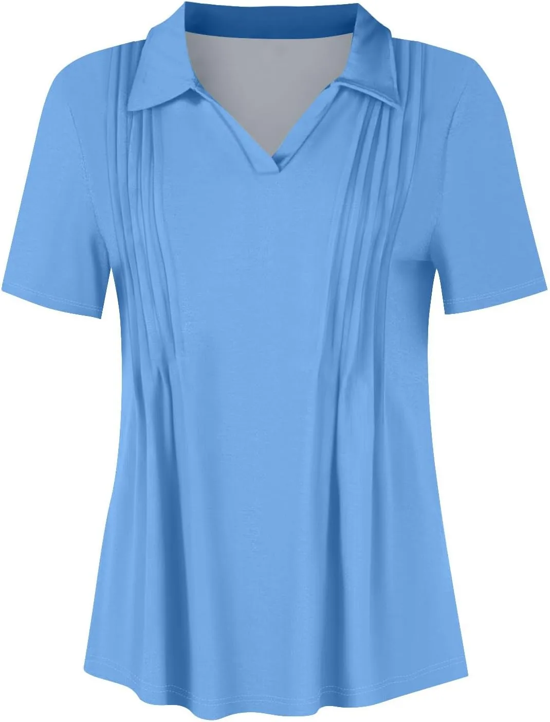 Womens Short Sleeve Polo T Shirts Pleated V Neck Collared Summer Tops Fashion Business Casual Work Blouse