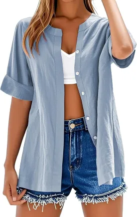 Women's Summer Tops 2025 Trendy Short Sleeve Cotton Linen Shirt Casual Button V Neck Tunic Blouses