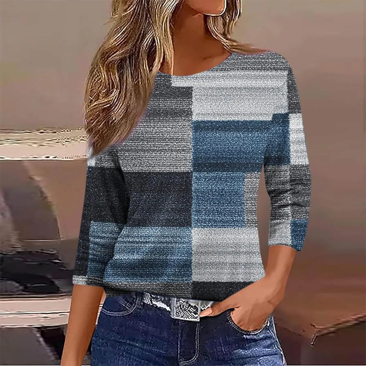 Womens Tops Dressy Casual Crew Neck Pullover 3/4 Sleeve Vintage Print Shirt Plus Size Summer T-Shirts Cotton Blouse