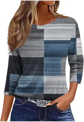 Womens Tops Dressy Casual Crew Neck Pullover 3/4 Sleeve Vintage Print Shirt Plus Size Summer T-Shirts Cotton Blouse
