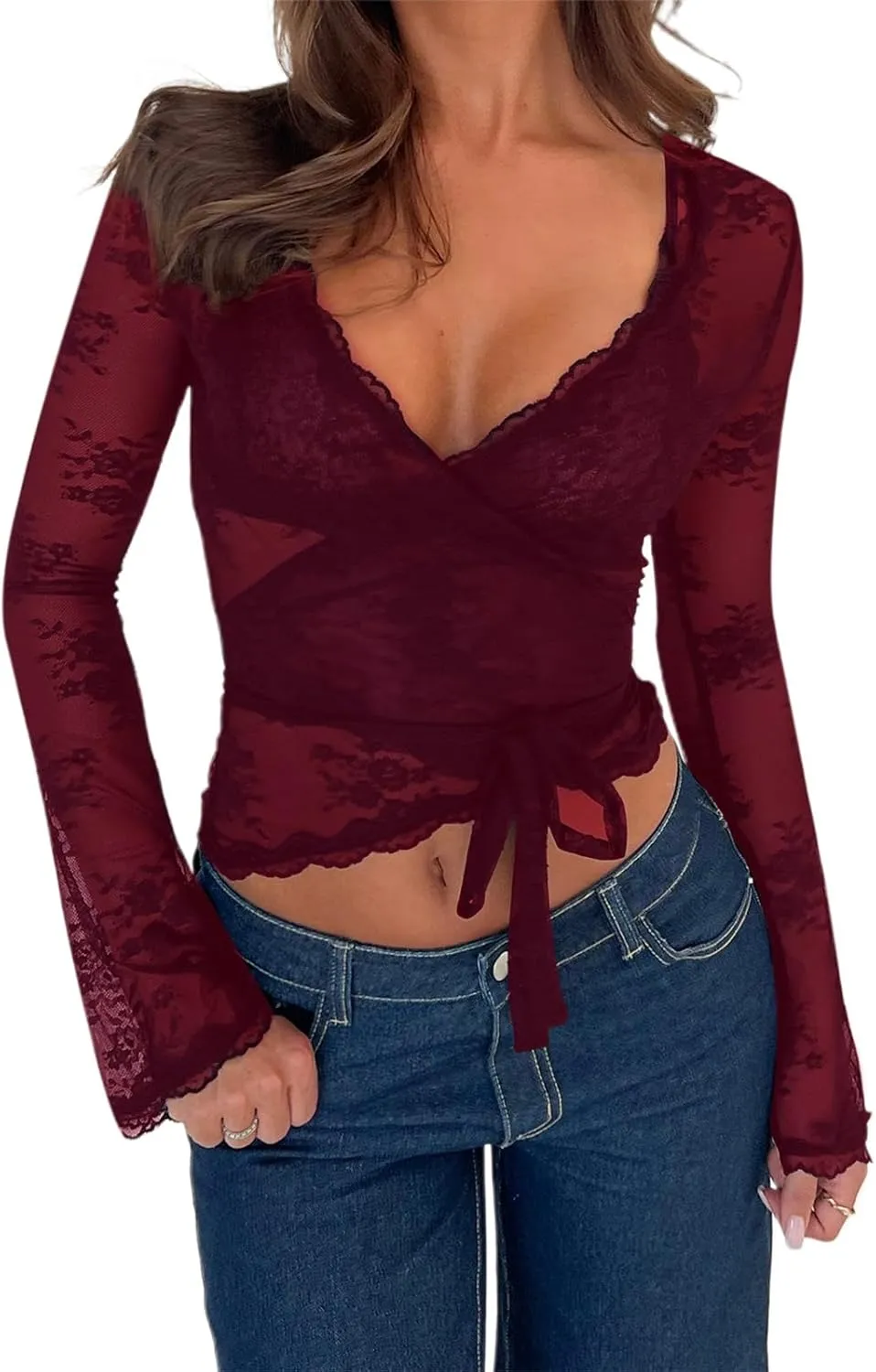Womens Y2k Lace Sheer Mesh Crop Tops Long Sleeve Deep V Neck Cross Wrap Blouses Slim Fit Fairy Coquette T-Shirts