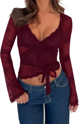 Womens Y2k Lace Sheer Mesh Crop Tops Long Sleeve Deep V Neck Cross Wrap Blouses Slim Fit Fairy Coquette T-Shirts
