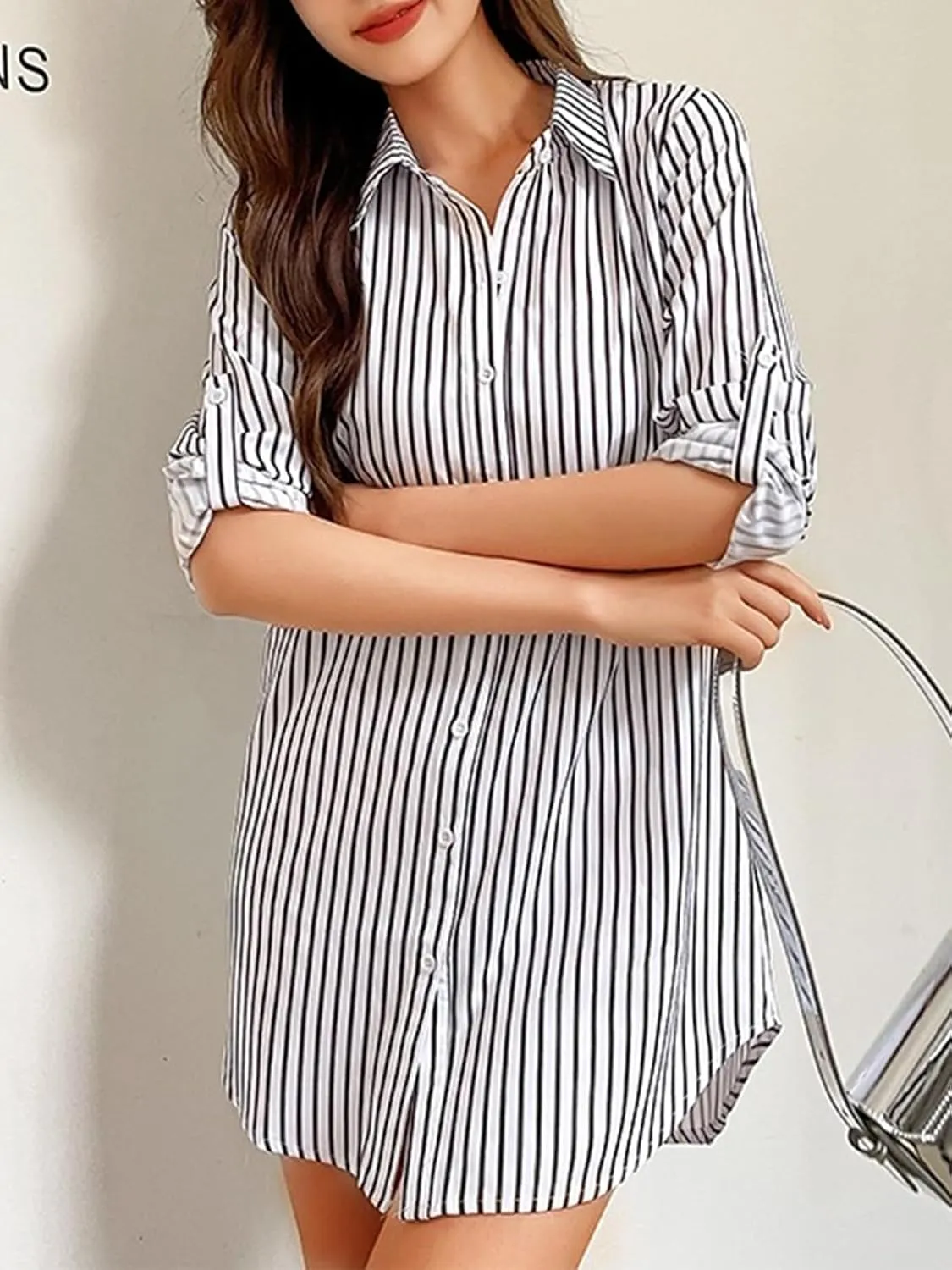 Wowcarbazole Womens Striped Shirt Dresses Button Down Long Sleeve Collared Long Shirts Casual Oversized Blouses Tunic Tops