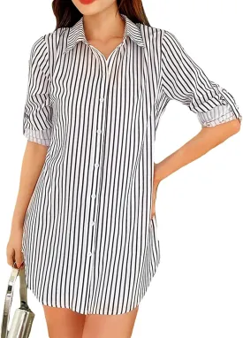 Wowcarbazole Womens Striped Shirt Dresses Button Down Long Sleeve Collared Long Shirts Casual Oversized Blouses Tunic Tops