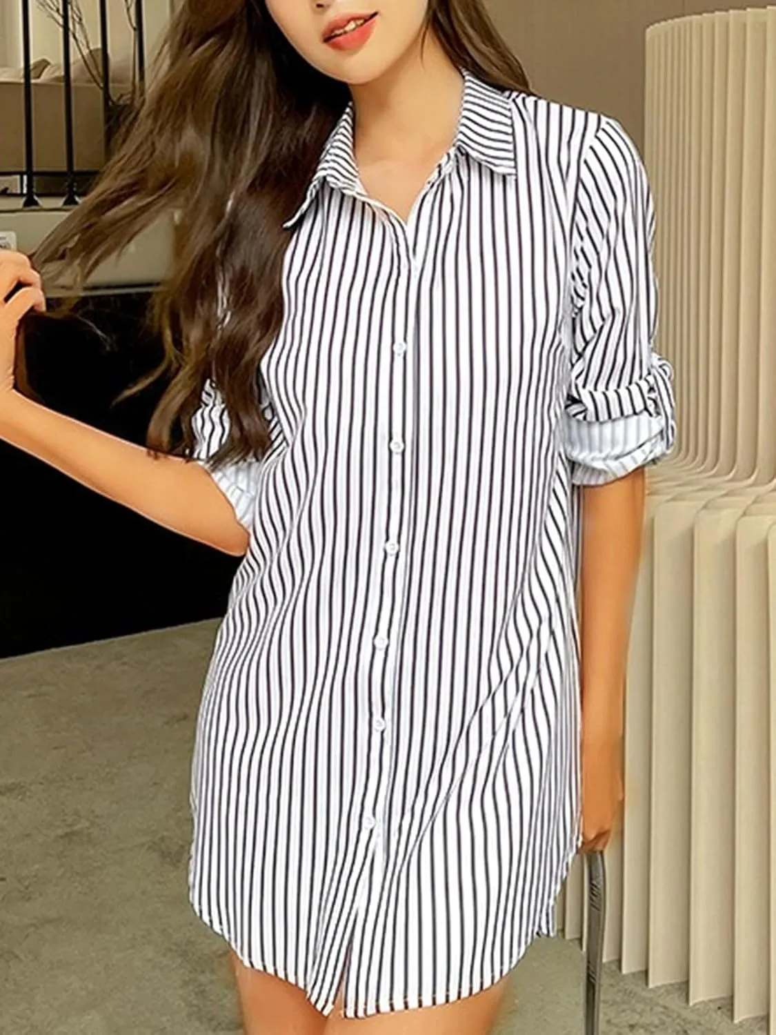 Wowcarbazole Womens Striped Shirt Dresses Button Down Long Sleeve Collared Long Shirts Casual Oversized Blouses Tunic Tops