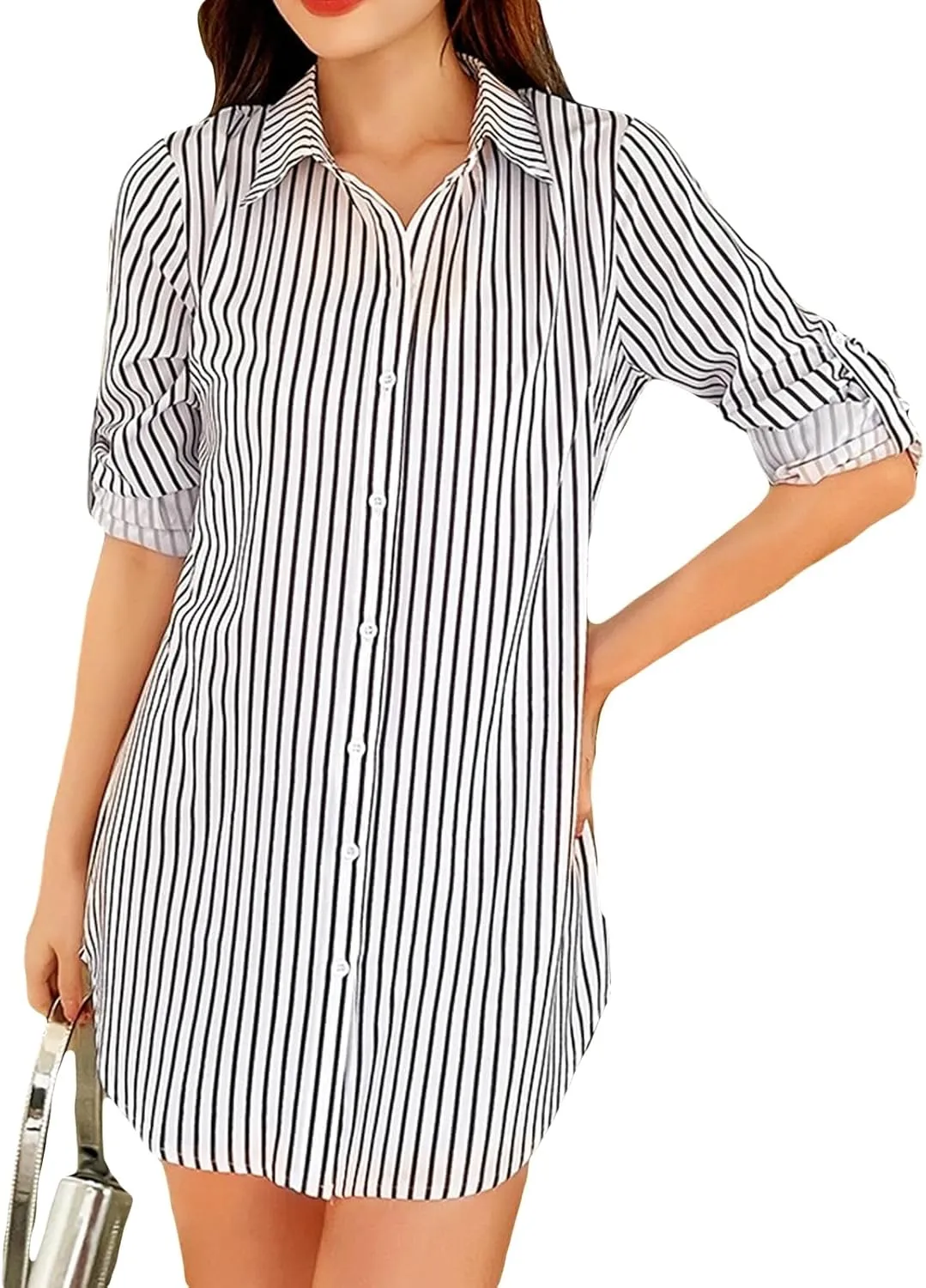 Wowcarbazole Womens Striped Shirt Dresses Button Down Long Sleeve Collared Long Shirts Casual Oversized Blouses Tunic Tops