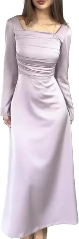 xxxiticat Women's Satin Maxi Dress Long Sleeve Square Neck Ruched Rhinestone Cross Bandage Tie Flared Party Slip Dresses