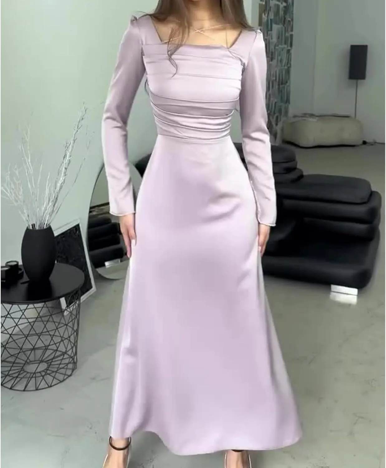 xxxiticat Women's Satin Maxi Dress Long Sleeve Square Neck Ruched Rhinestone Cross Bandage Tie Flared Party Slip Dresses