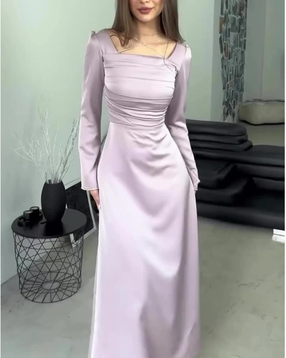 xxxiticat Women's Satin Maxi Dress Long Sleeve Square Neck Ruched Rhinestone Cross Bandage Tie Flared Party Slip Dresses