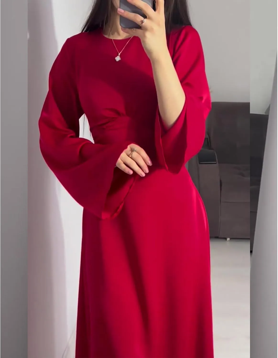xxxiticat Women's Silk Satin Long Dress Long Sleeve Round Neck Back Lace Up Bandage Tie Wedding Party Maxi Dresses