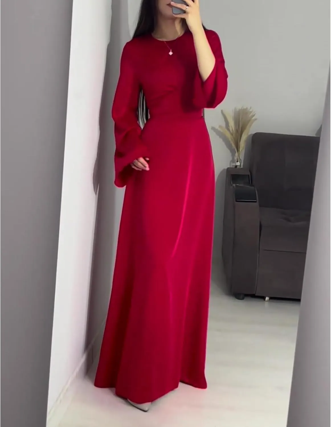 xxxiticat Women's Silk Satin Long Dress Long Sleeve Round Neck Back Lace Up Bandage Tie Wedding Party Maxi Dresses