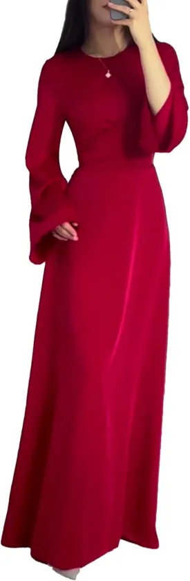 xxxiticat Women's Silk Satin Long Dress Long Sleeve Round Neck Back Lace Up Bandage Tie Wedding Party Maxi Dresses
