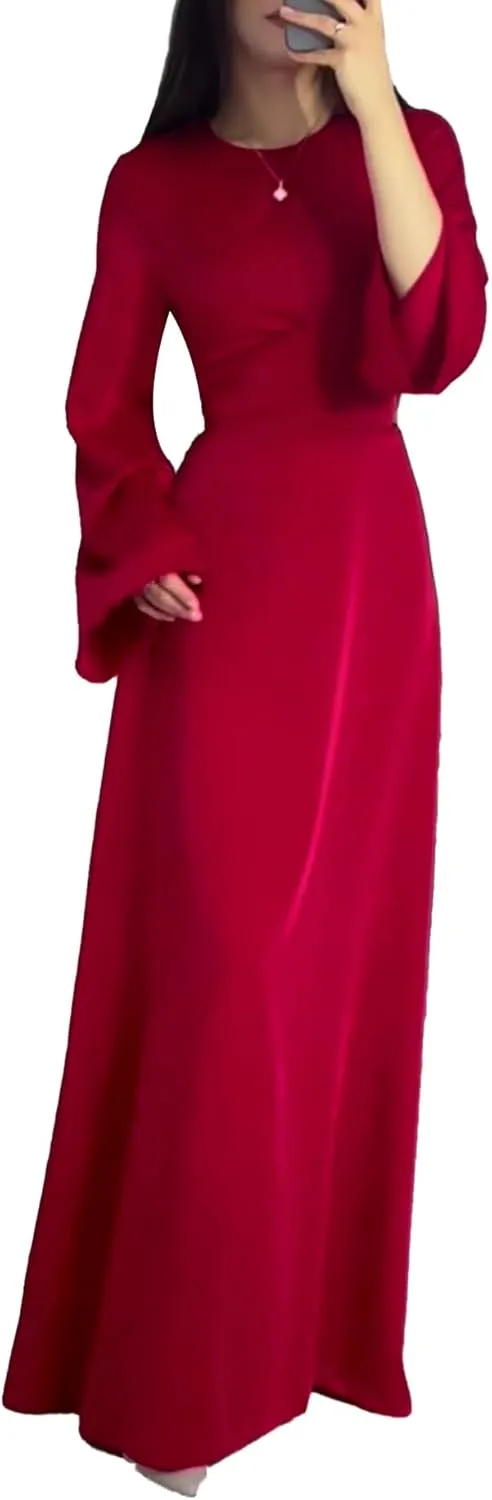 xxxiticat Women's Silk Satin Long Dress Long Sleeve Round Neck Back Lace Up Bandage Tie Wedding Party Maxi Dresses