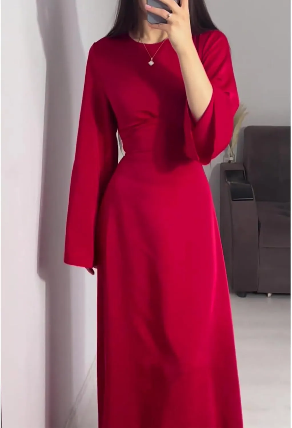 xxxiticat Women's Silk Satin Long Dress Long Sleeve Round Neck Back Lace Up Bandage Tie Wedding Party Maxi Dresses