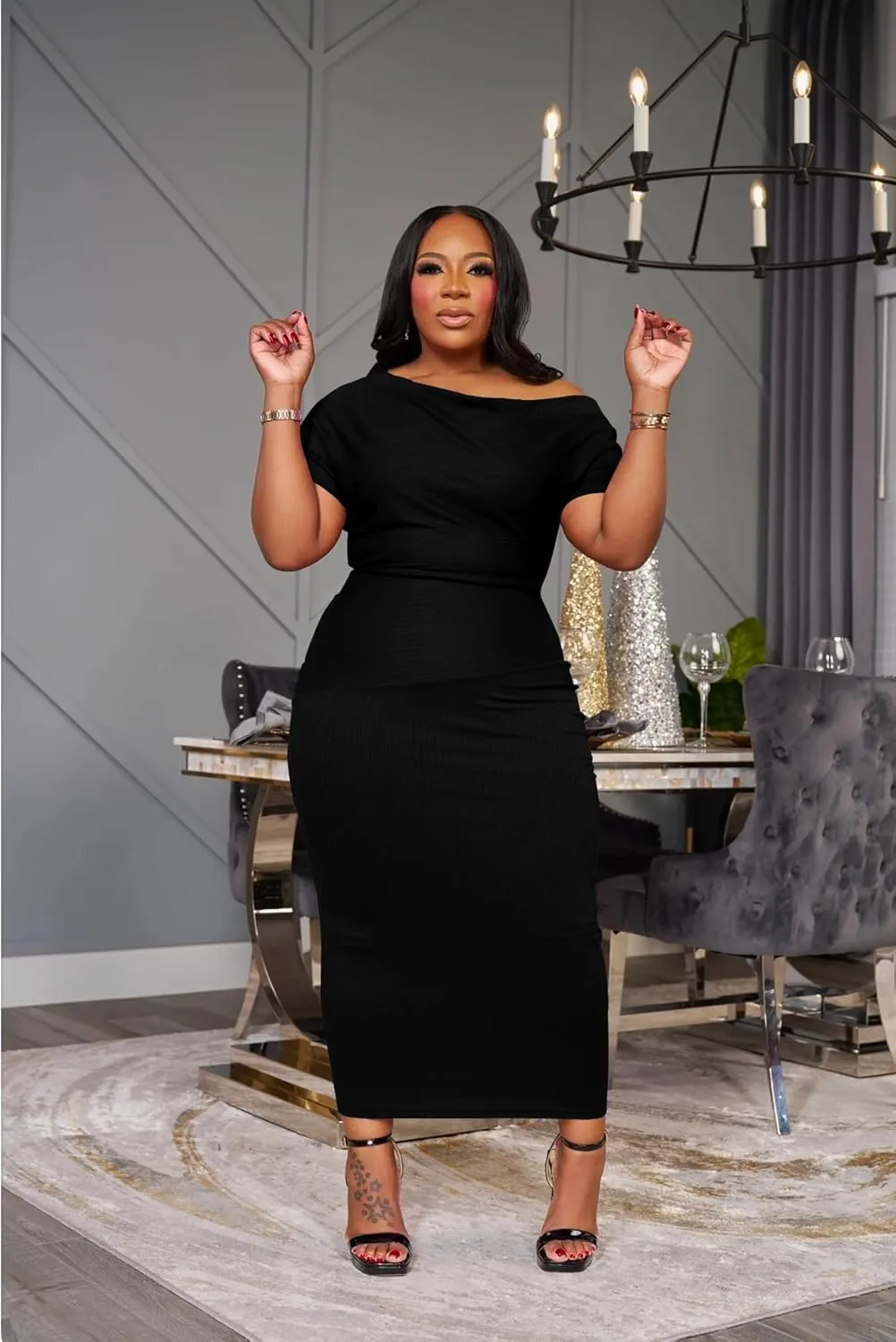 YeGine Women Plus Size Bodycon Long Dress Off Shoulder Sexy Slim Elegant Dresses