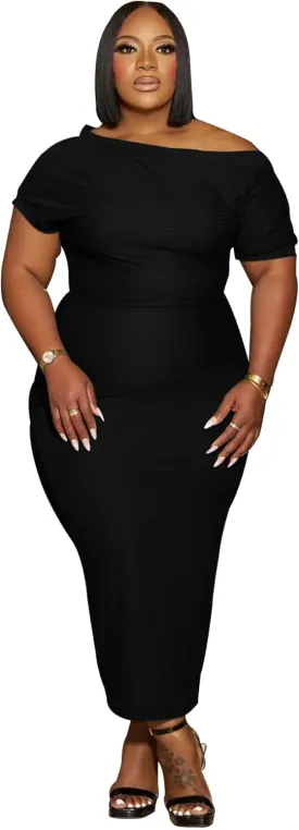 YeGine Women Plus Size Bodycon Long Dress Off Shoulder Sexy Slim Elegant Dresses