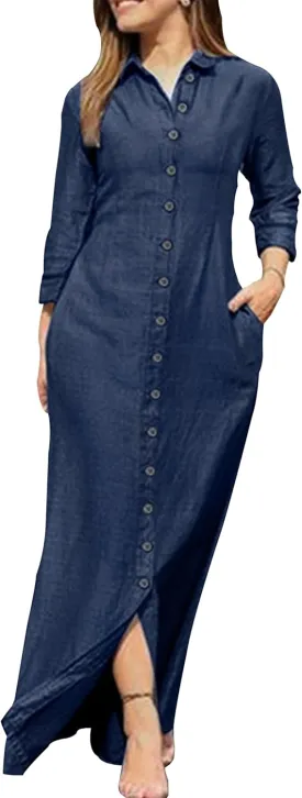 YMING Womens Long Sleeve Button Down Shirt Dress Casual Solid Color Maxi Dresses Loose Fit Blouse Dress with Pockets