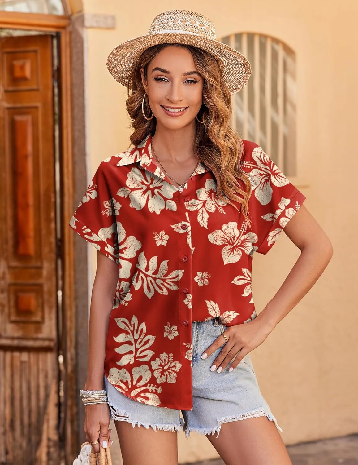 Zeagoo Women's Hawaiian Button Down Shirts Casual Short Sleeve Floral Tropical Print Summer Blouse Tunic Top