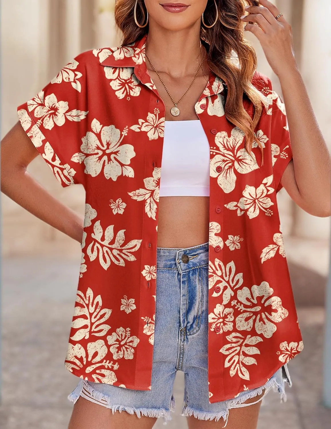 Zeagoo Women's Hawaiian Button Down Shirts Casual Short Sleeve Floral Tropical Print Summer Blouse Tunic Top
