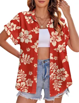 Zeagoo Women's Hawaiian Button Down Shirts Casual Short Sleeve Floral Tropical Print Summer Blouse Tunic Top