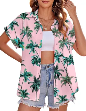 Zeagoo Women's Hawaiian Button Down Shirts Casual Short Sleeve Floral Tropical Print Summer Blouse Tunic Top