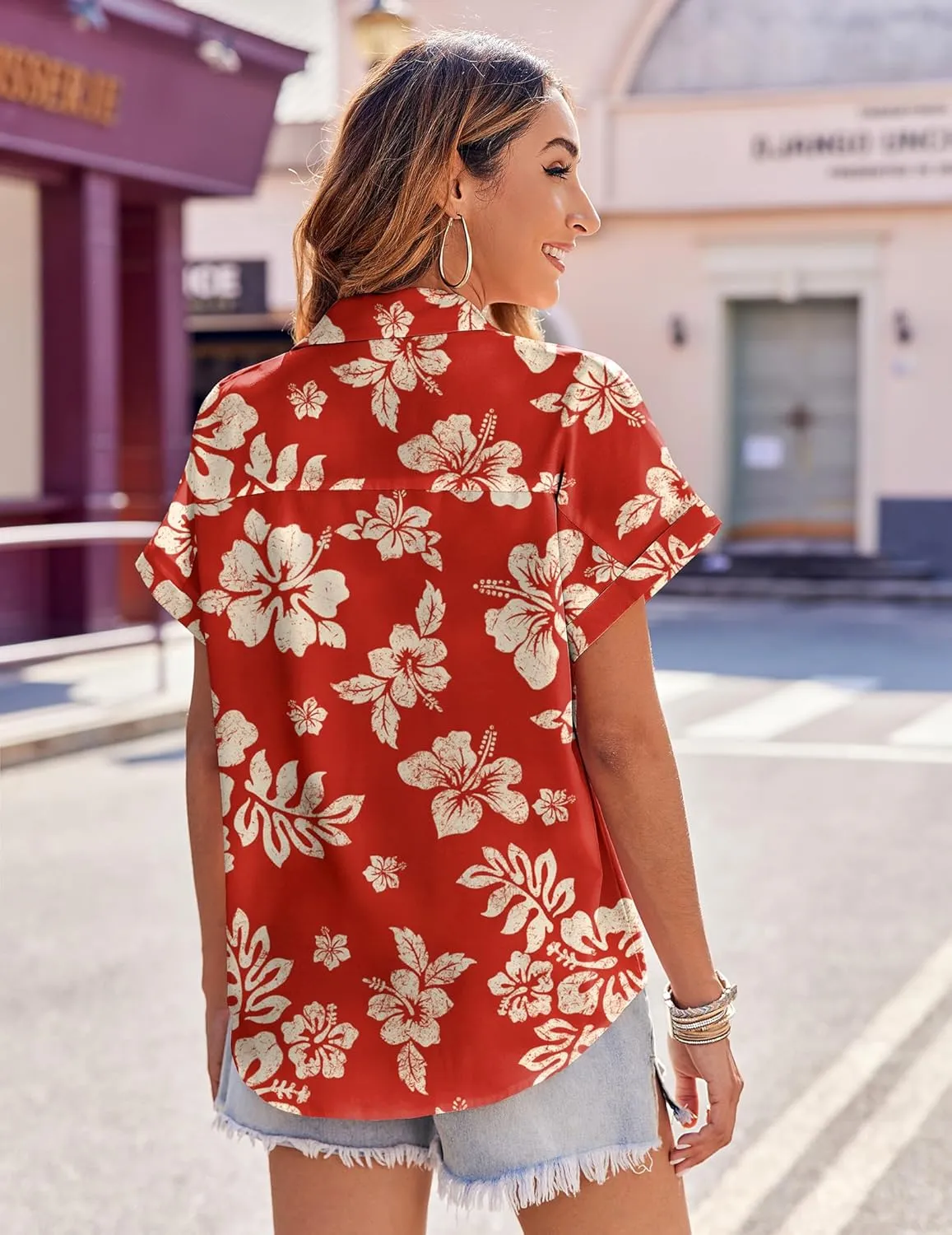 Zeagoo Women's Hawaiian Button Down Shirts Casual Short Sleeve Floral Tropical Print Summer Blouse Tunic Top